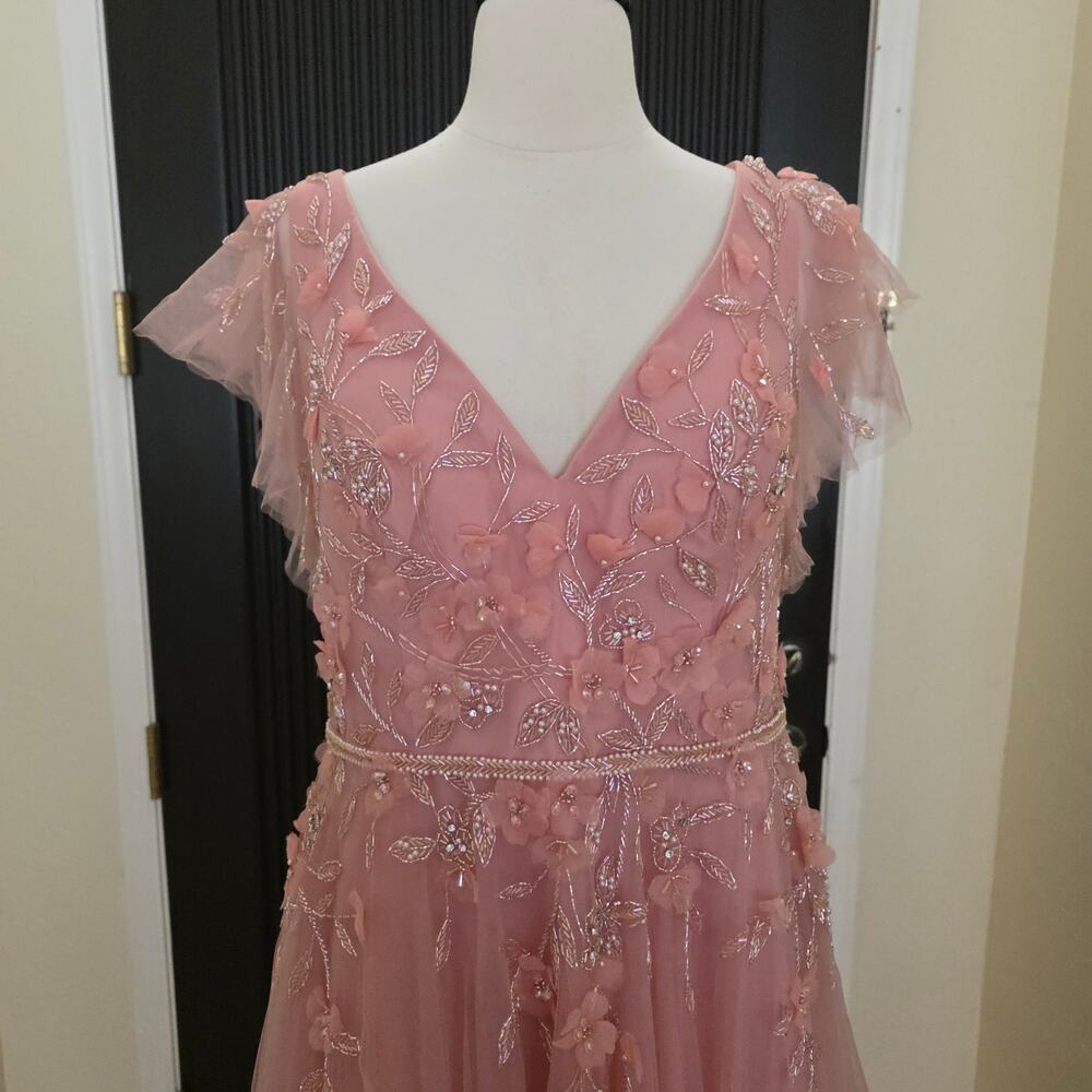 Mac Duggal Formal Pink Maxi Beaded Dress 11224 Tulle Salmon Flowers Gown 16 - Picture 8 of 14
